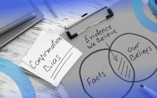 A paper on a clipboard with a venn diagram showing facts on the left, our beliefs on the right and evidence we believe in the middle, with a sticky note reading confirmation bias on top.