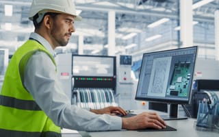 A man wearing a hard hat and bright green safety vest sits in front of a desktop computer.