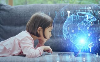 child looking at hologram