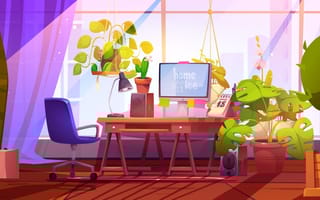 Cartoon-style illustration of a home office with a desktop computer and plants near a large window.