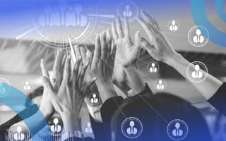 A community of people high-fiving (only their hands and arms are visible), with holographic images representing networking overlaying the photo.