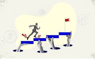 Collage image of hands holding up steps a woman is running up to a flagpole at the end, concept of career growth.