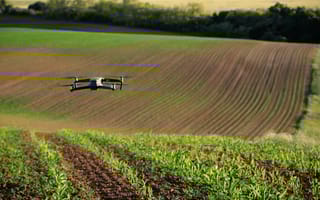 A drone flies over a field where crops grow.