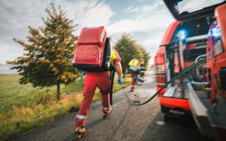 Paramedics rush from an emergency vehicle.