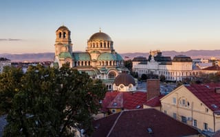 An aerial view of Sofia, Bulgaria with the Russian Orthodox dome in the forefront.