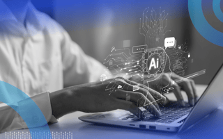 Data scientist integrating data into AI model with AI illustration overlay