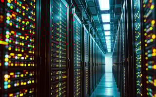 A view of a data center hallway with lit up computing components on both sides.
