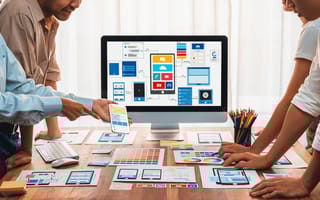 A developer shows his team an app on his smartphone.