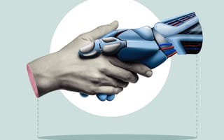 A human and robot shake hands
