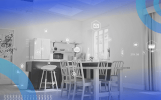 A kitchen in a smart home with holographic images representing the Internet of Things connections in all the appliances.