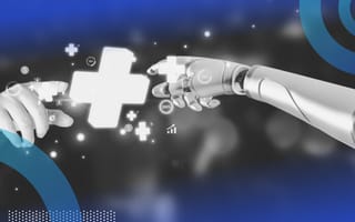A human hand and robot (AI) hand reaching toward each other with a holographic plus sign between their outstretched index fingers.