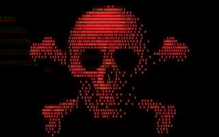 Red binary code forming the shape of a skull and crossbones