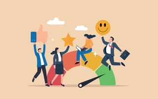 Employees celebrate in front of a gauge measuring employee morale.