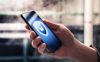 A close up of a hand holding a mobile phone with an illustration on the screen of a shield with a closed padlock in the middle.
