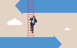 Illustration of a businessman climbing a ladder in the sky across two horizontal giant arrows pointing in opposite directions, symbolizing the process of deciding which career path to take.
