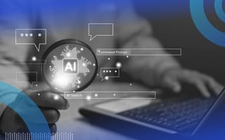 A user sits at a laptop and holds a magnifying glass with an AI logo in it.