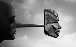 A profile of a face with a long nose, on which a robotic-looking mask hangs.