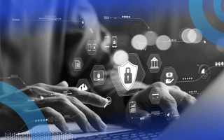 Developer working on laptop with cybersecurity icons overlaid