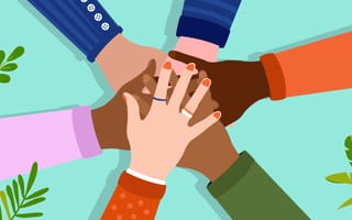Illustration of multiethnic hands stacked on top of each other in a sign of camaraderie.