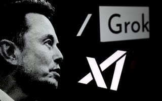 A black and white photo of Elon Musk superimposed over the xAI and Grok logos