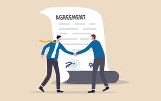 Illustration of two businessmen shaking hands in front of a giant signed agreement document.