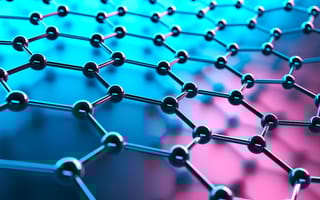 3D rendering of graphene's atomic structure, set against a blue and pink background.