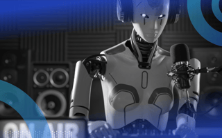 A robot sits at a microphone behind a sign that says On Air