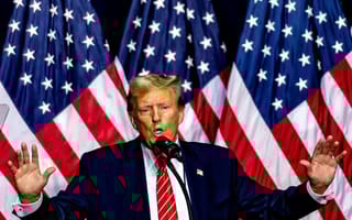 President Donald Trump speaks in front of American flags.