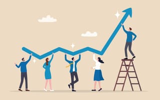 Illustration of professionals holding up a giant rising arrow, symbolizing the notion of employees working together to drive company growth