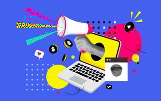 A hand holding a megaphone comes out of a laptop screen.