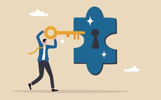 An illustration of a businessman holding a giant key and pushing it into a giant keyhole, symbolizing the idea of unlocking customer success