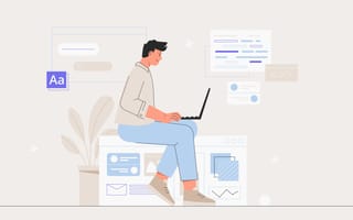 Illustration of a man sitting on a giant computer monitor screen while typing on his laptop