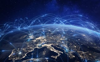 Birds-eye view of Earth sprouting broadband connectivity signals.