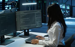 16 Companies Hiring Machine Learning Engineers A woman of color sits at a desk coding across two desktop computer monitors.