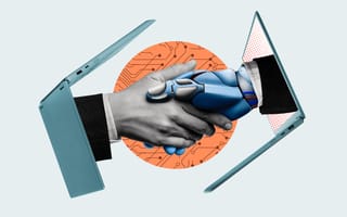 An illustration of a businessman’s hand reaching out from a laptop screen to shake a robot’s hand, which is reaching out of another laptop screen, symbolizing the convergence of AI and human intelligence