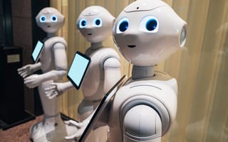 Three humanoid robots with screens standing side-by-side.