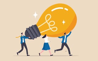 Illustration of three professionals carrying a giant lightbulb, symbolizing team members working together to drive innovation