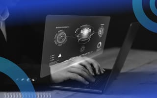 Developer on a computer using quantum computing and AI with illustration