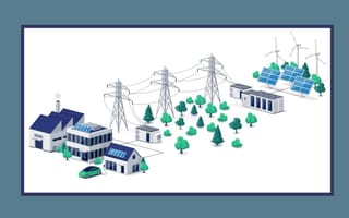 An image depicting a connected power infrastructure between houses, offices and factories