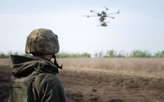 A soldier in a camouflage helmet is pictured from behind with a drone flying in the distance.
