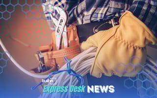 An electrician wearing a toolbelt and holding a role of wire is depicted.