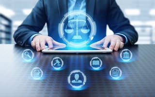 An illustration of the scales of justice hovers in front of a professional sitting at a desk to depict legal tech