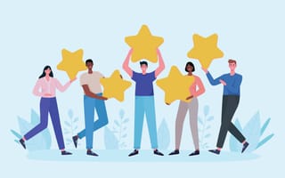 An illustration of five professionals holding giant stars, symbolizing the idea of receiving positive feedback in customer success
