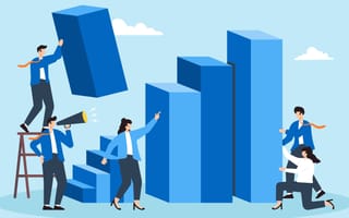 An illustration of several professionals helping construct a giant staircase resembling a bar graph, symbolizing teamwork in sales