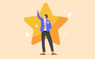 An illustration of a businessman raising his fist in the air while standing in front of a giant star, symbolizing the idea of receiving recognition for an accomplishment