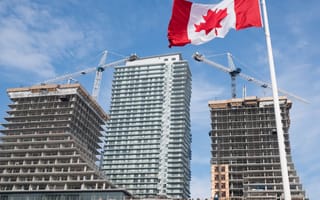 High rise buildings and Canadian flag