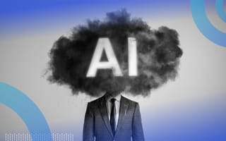 A man in a suit with his head covered by a dark cloud that says AI