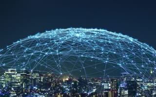 An illustration of a network of connected points in a dome over a city is depicted.