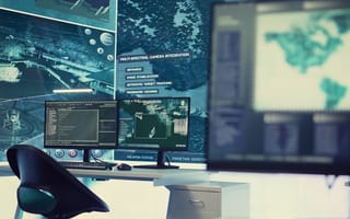 Maps and other defense software applications are displayed across various screens and monitors to represent national security.