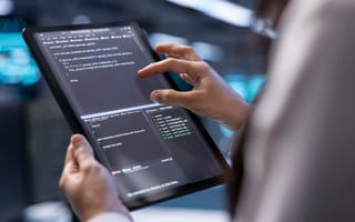 Hands holding a tablet displaying code with a dark theme, fingers interacting with the screen.